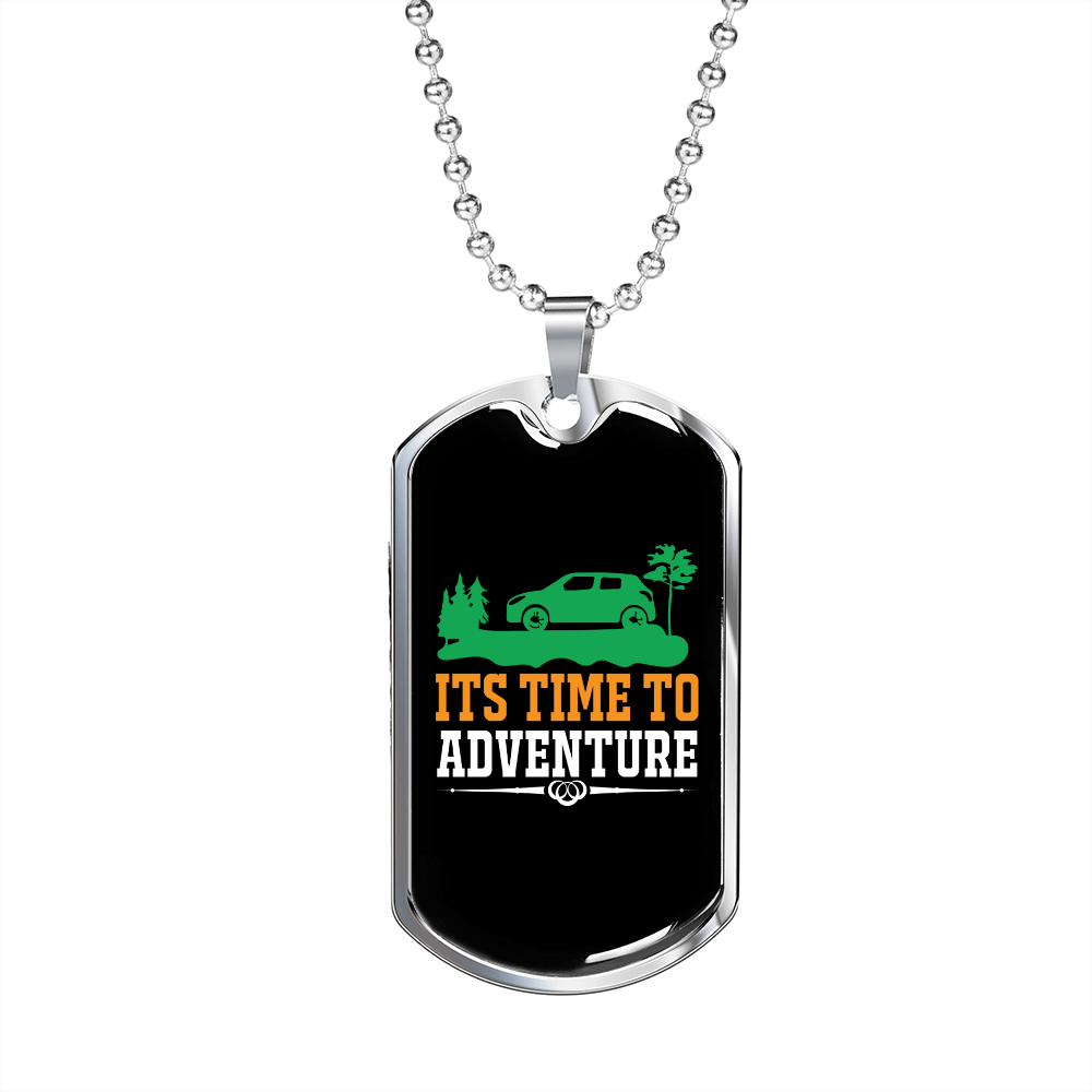 Camper Necklace Time to Adventure Necklace Stainless Steel or 18k Gold Dog Tag 24" Chain-Express Your Love Gifts