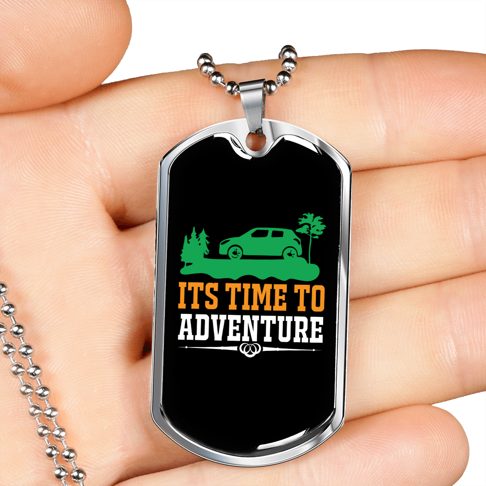 Camper Necklace Time to Adventure Necklace Stainless Steel or 18k Gold Dog Tag 24" Chain-Express Your Love Gifts