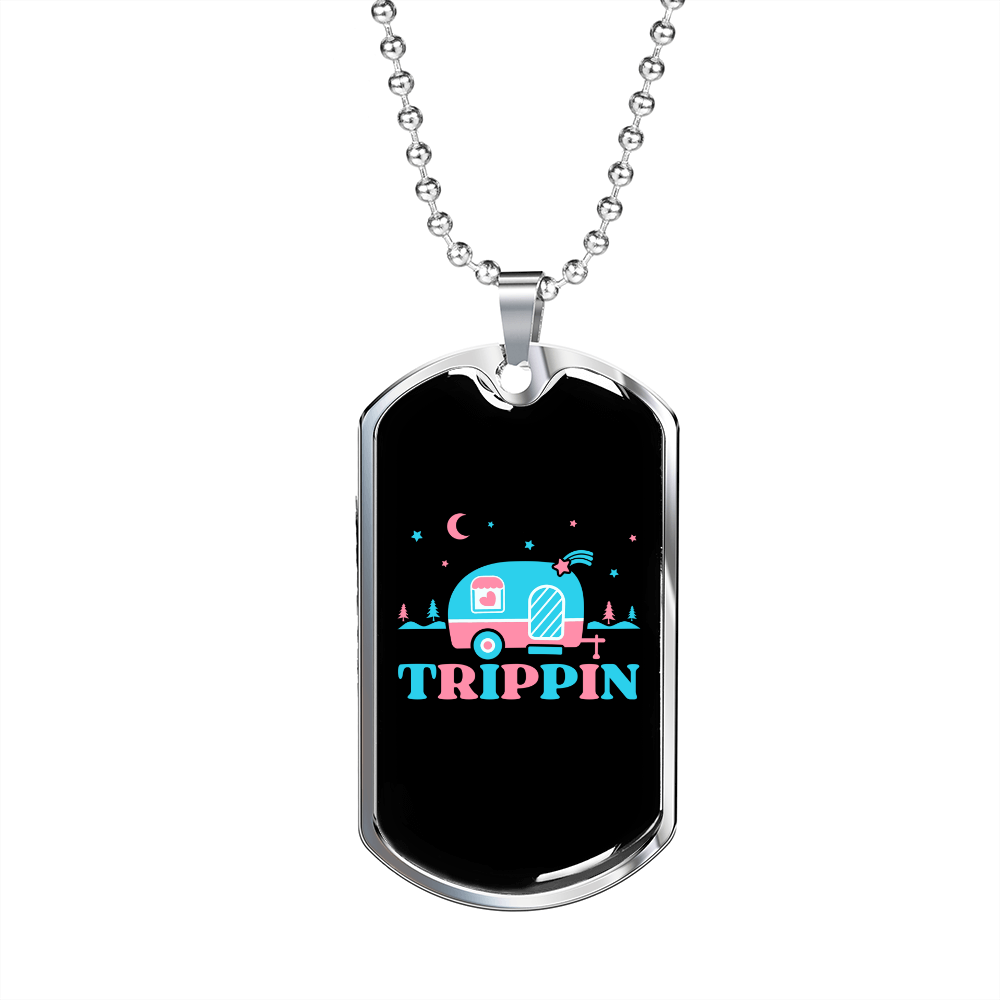 Camper Necklace Trippin' Necklace Stainless Steel or 18k Gold Dog Tag 24" Chain-Express Your Love Gifts