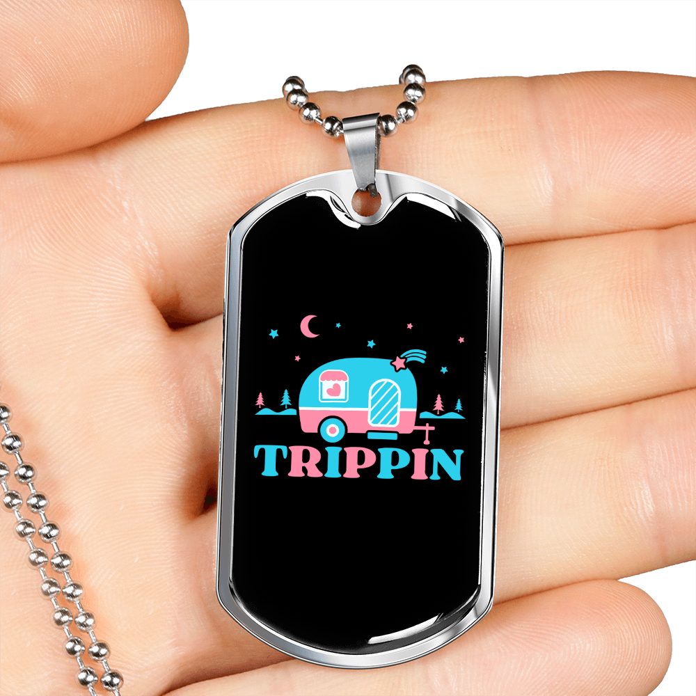 Camper Necklace Trippin' Necklace Stainless Steel or 18k Gold Dog Tag 24" Chain-Express Your Love Gifts