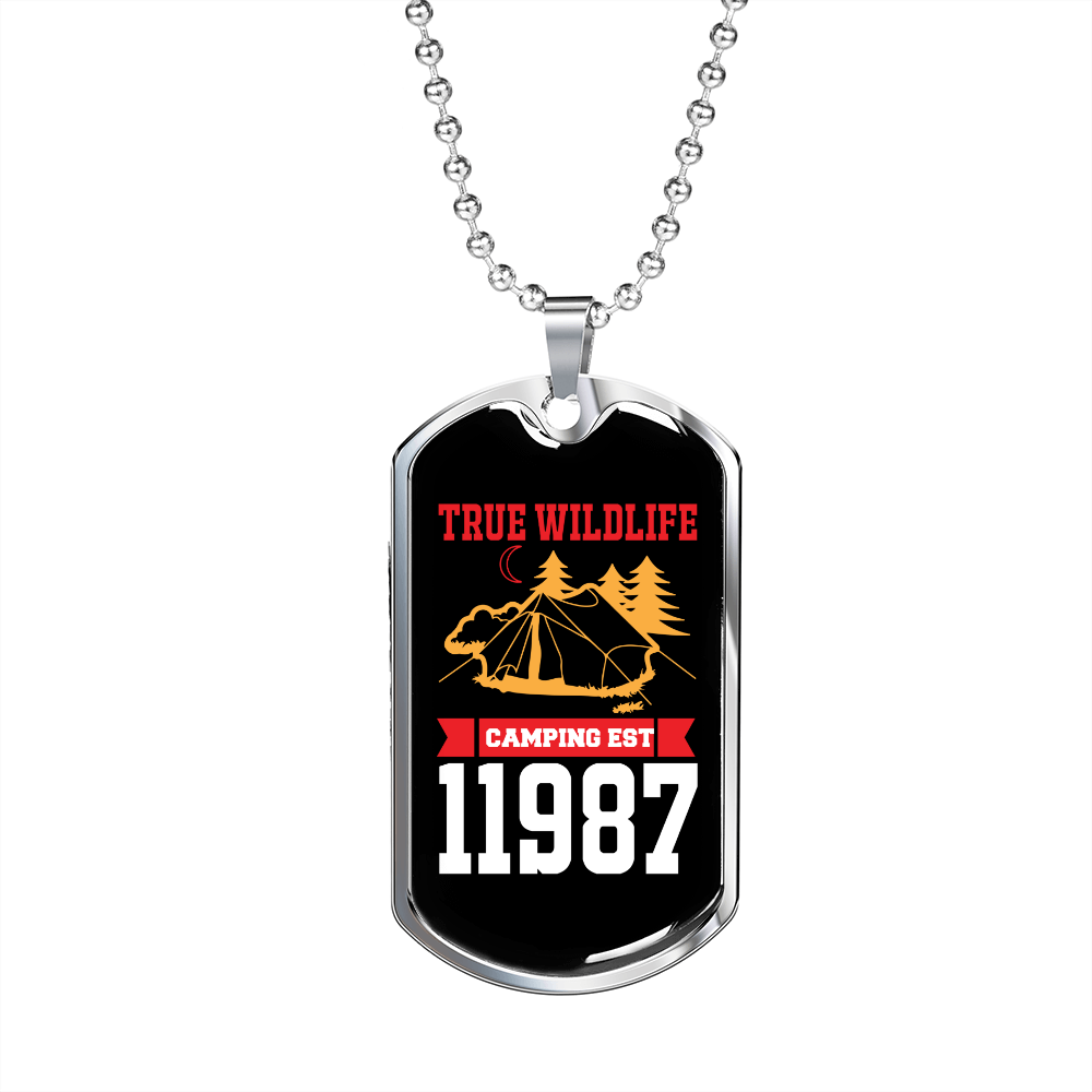 Camper Necklace True Wildlife Camping Est 11987 Necklace Stainless Steel or 18k Gold Dog Tag 24" Chain-Express Your Love Gifts