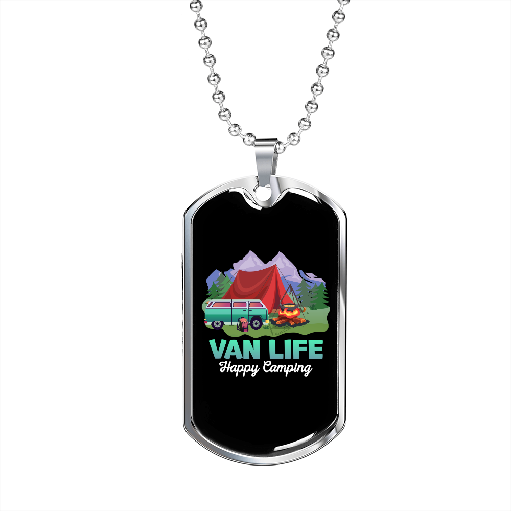 Camper Necklace Van Life Happy Camping Necklace Stainless Steel or 18k Gold Dog Tag 24" Chain-Express Your Love Gifts