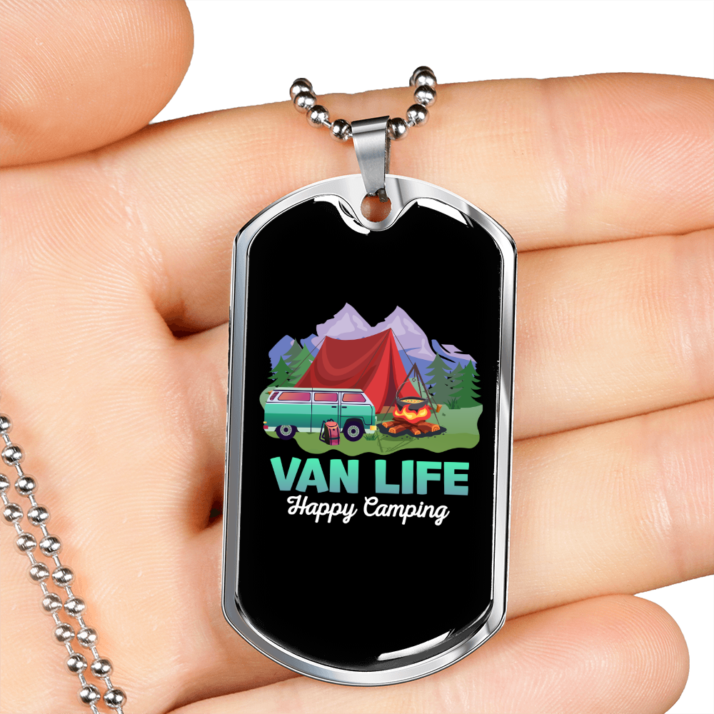 Camper Necklace Van Life Happy Camping Necklace Stainless Steel or 18k Gold Dog Tag 24" Chain-Express Your Love Gifts