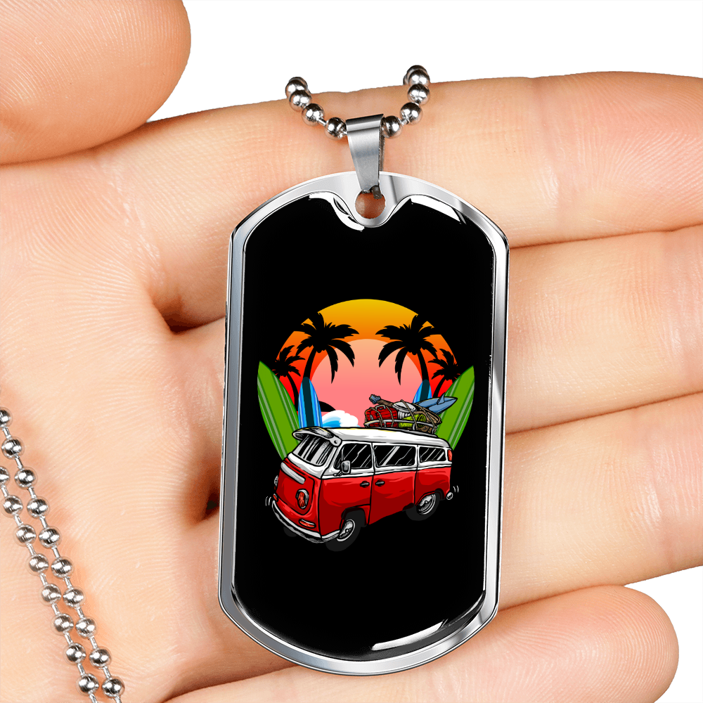 Camper Necklace Van Ocean Summer Necklace Stainless Steel or 18k Gold Dog Tag 24" Chain-Express Your Love Gifts
