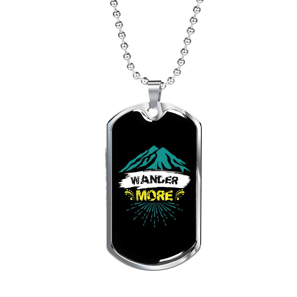 Camper Necklace Wander More Blue Mountain Necklace Stainless Steel or 18k Gold Dog Tag 24" Chain-Express Your Love Gifts