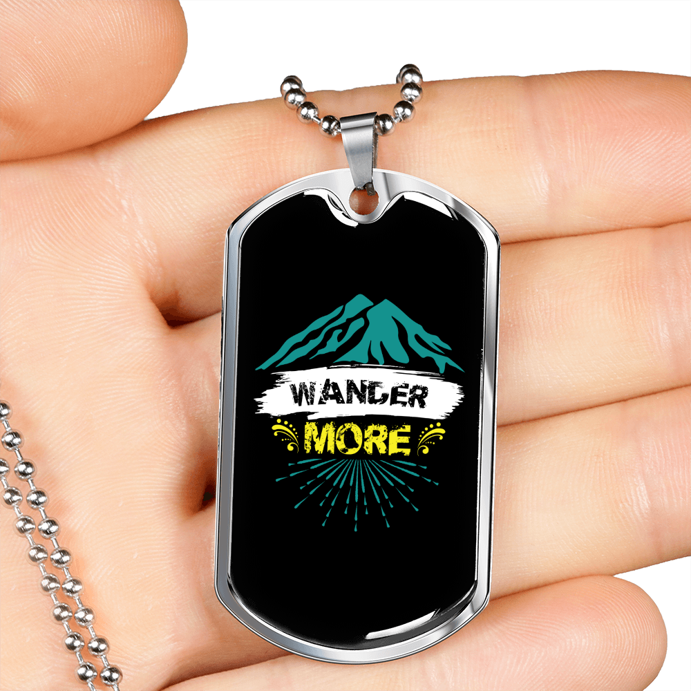 Camper Necklace Wander More Blue Mountain Necklace Stainless Steel or 18k Gold Dog Tag 24" Chain-Express Your Love Gifts