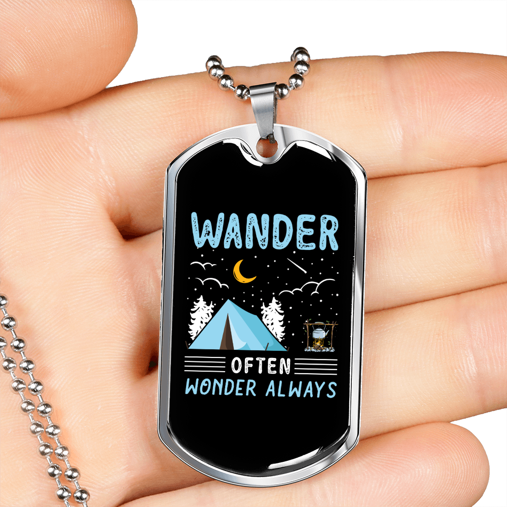 Camper Necklace Wander Often Blue Necklace Stainless Steel or 18k Gold Dog Tag 24" Chain-Express Your Love Gifts