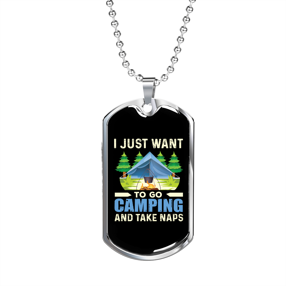 Camper Necklace Want Camping Blue Necklace Stainless Steel or 18k Gold Dog Tag 24" Chain-Express Your Love Gifts