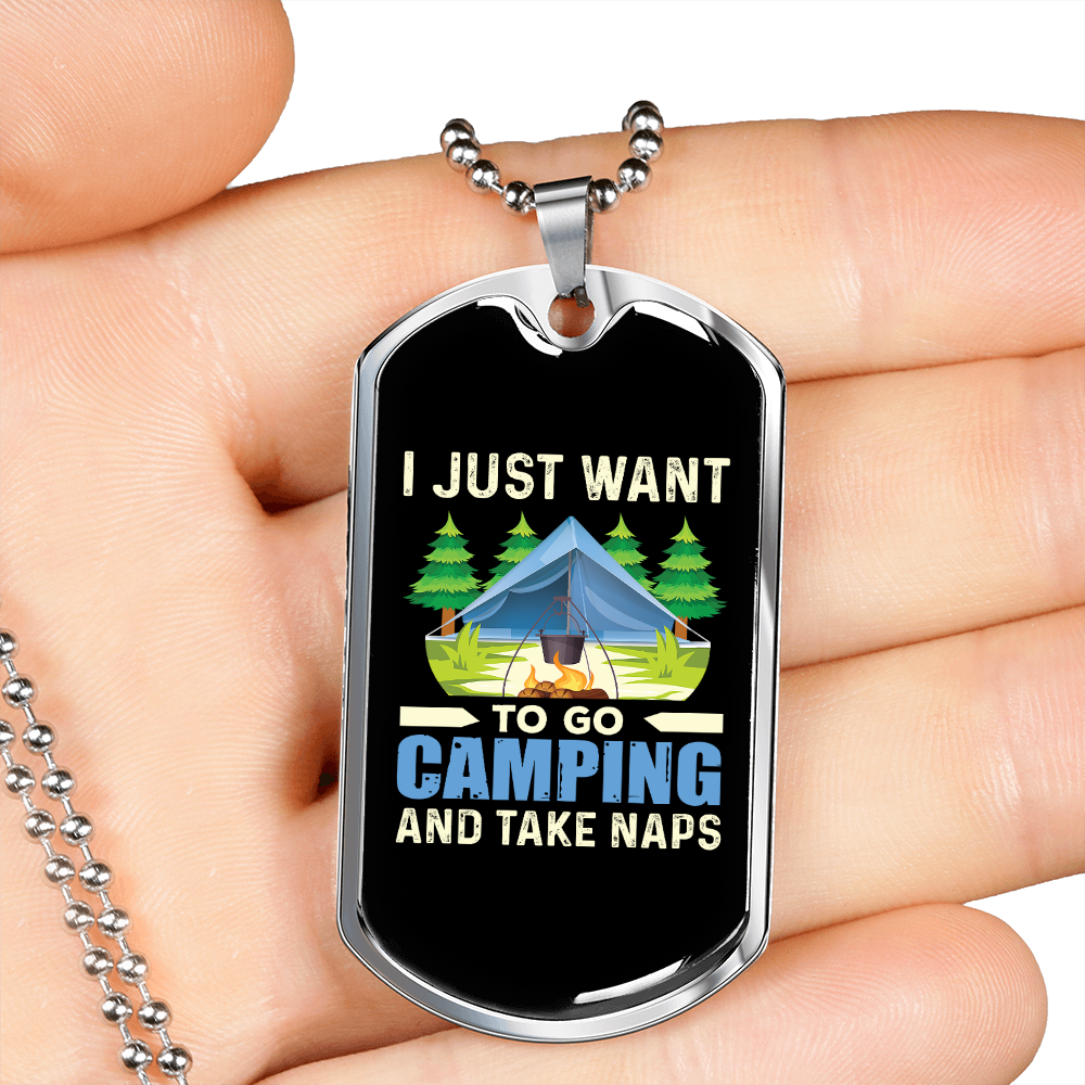 Camper Necklace Want Camping Blue Necklace Stainless Steel or 18k Gold Dog Tag 24" Chain-Express Your Love Gifts