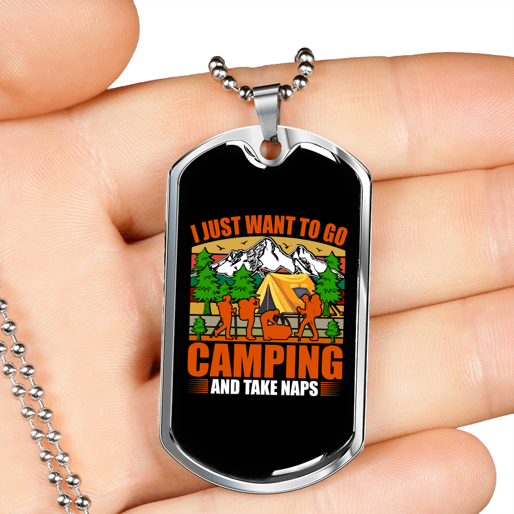 Camper Necklace Want To Go Camping Necklace Stainless Steel or 18k Gold Dog Tag 24" Chain-Express Your Love Gifts
