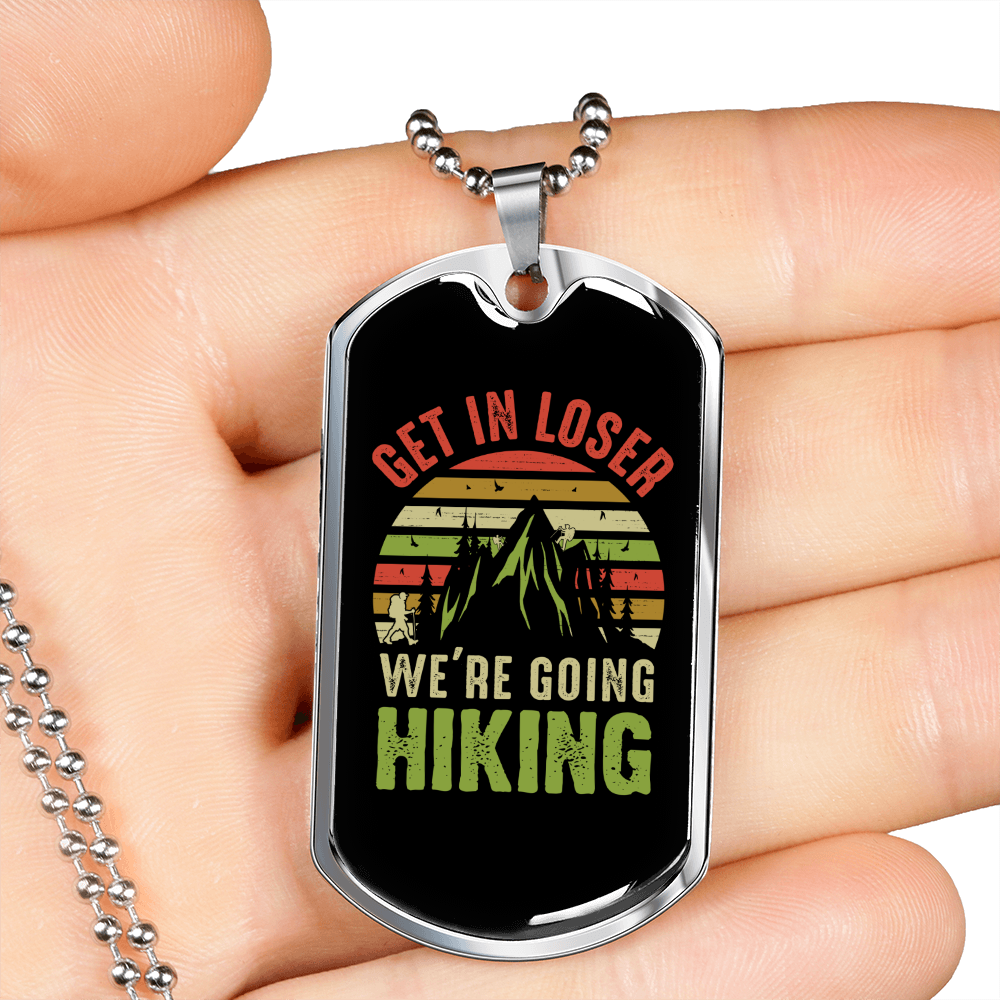 Camper Necklace We're Going Hiking Necklace Stainless Steel or 18k Gold Dog Tag 24" Chain-Express Your Love Gifts