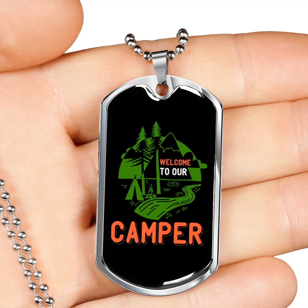 Camper Necklace Welcome to Our Camper Necklace Stainless Steel or 18k Gold Dog Tag 24" Chain-Express Your Love Gifts