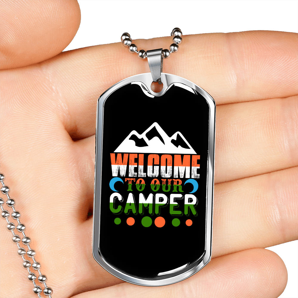 Camper Necklace Welcome to Our Camper White Necklace Stainless Steel or 18k Gold Dog Tag 24" Chain-Express Your Love Gifts