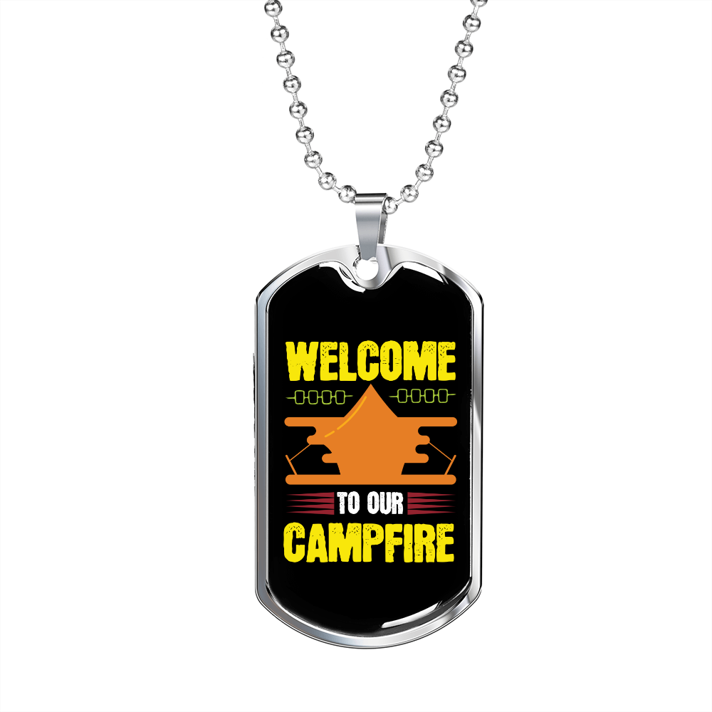 Camper Necklace Welcome to Our Campfire Orange Tent Necklace Stainless Steel or 18k Gold Dog Tag 24" Chain-Express Your Love Gifts