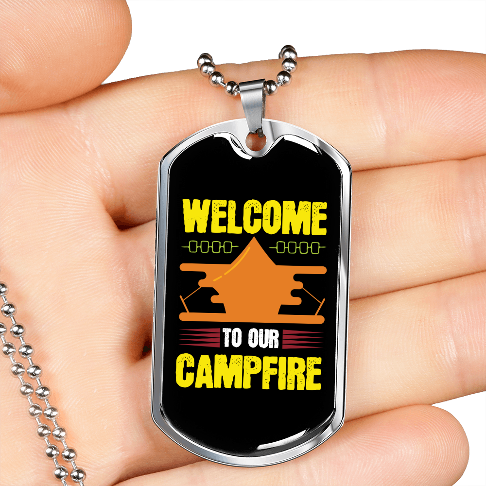 Camper Necklace Welcome to Our Campfire Orange Tent Necklace Stainless Steel or 18k Gold Dog Tag 24" Chain-Express Your Love Gifts