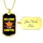 Camper Necklace Welcome to Our Campfire Orange Tent Necklace Stainless Steel or 18k Gold Dog Tag 24" Chain-Express Your Love Gifts