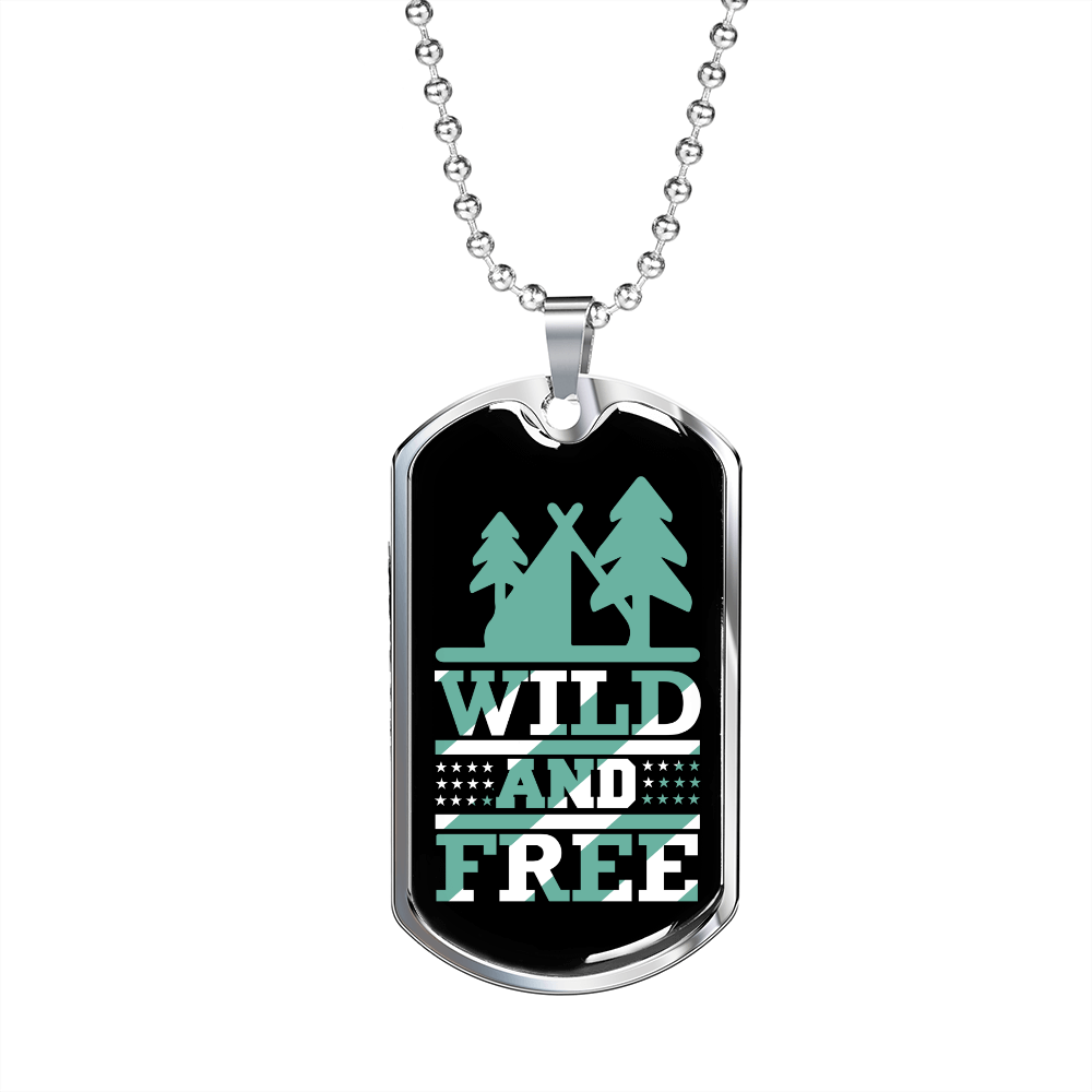 Camper Necklace Wild and Free Green Necklace Stainless Steel or 18k Gold Dog Tag 24" Chain-Express Your Love Gifts