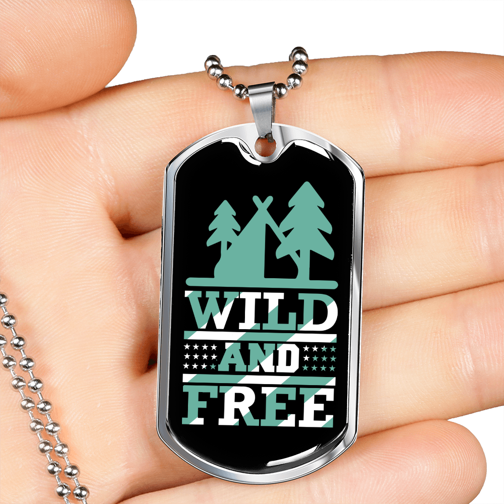 Camper Necklace Wild and Free Green Necklace Stainless Steel or 18k Gold Dog Tag 24" Chain-Express Your Love Gifts