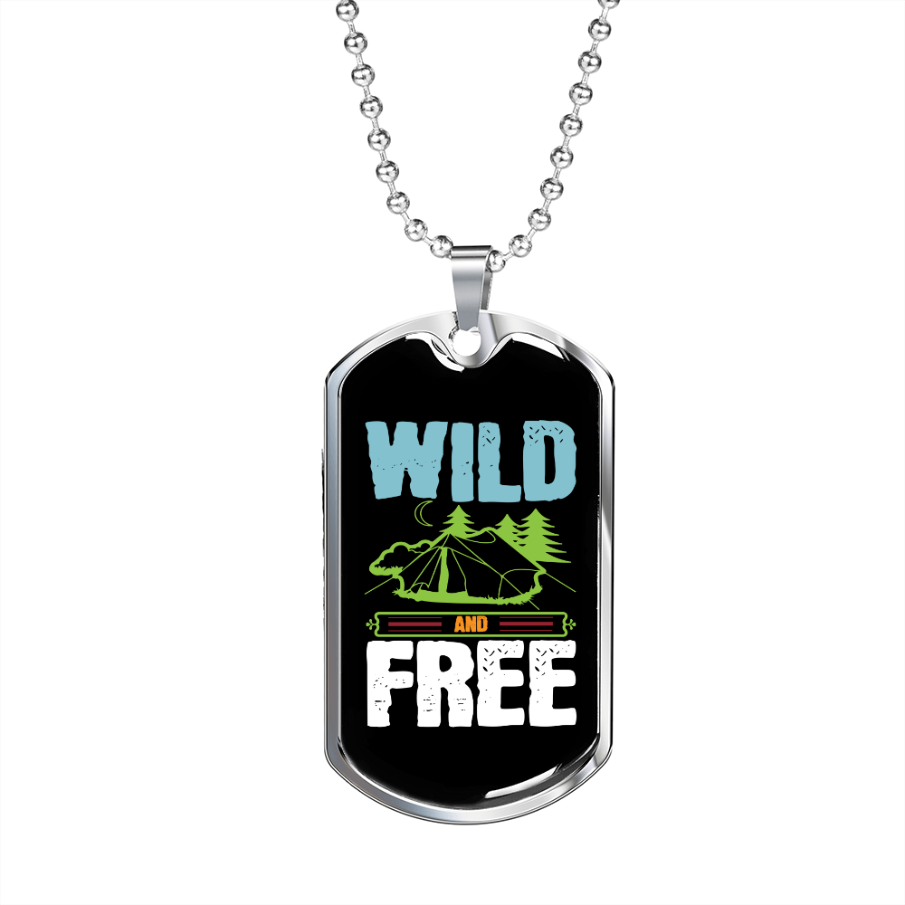 Camper Necklace Wild and Free Green Tent Necklace Stainless Steel or 18k Gold Dog Tag 24" Chain-Express Your Love Gifts