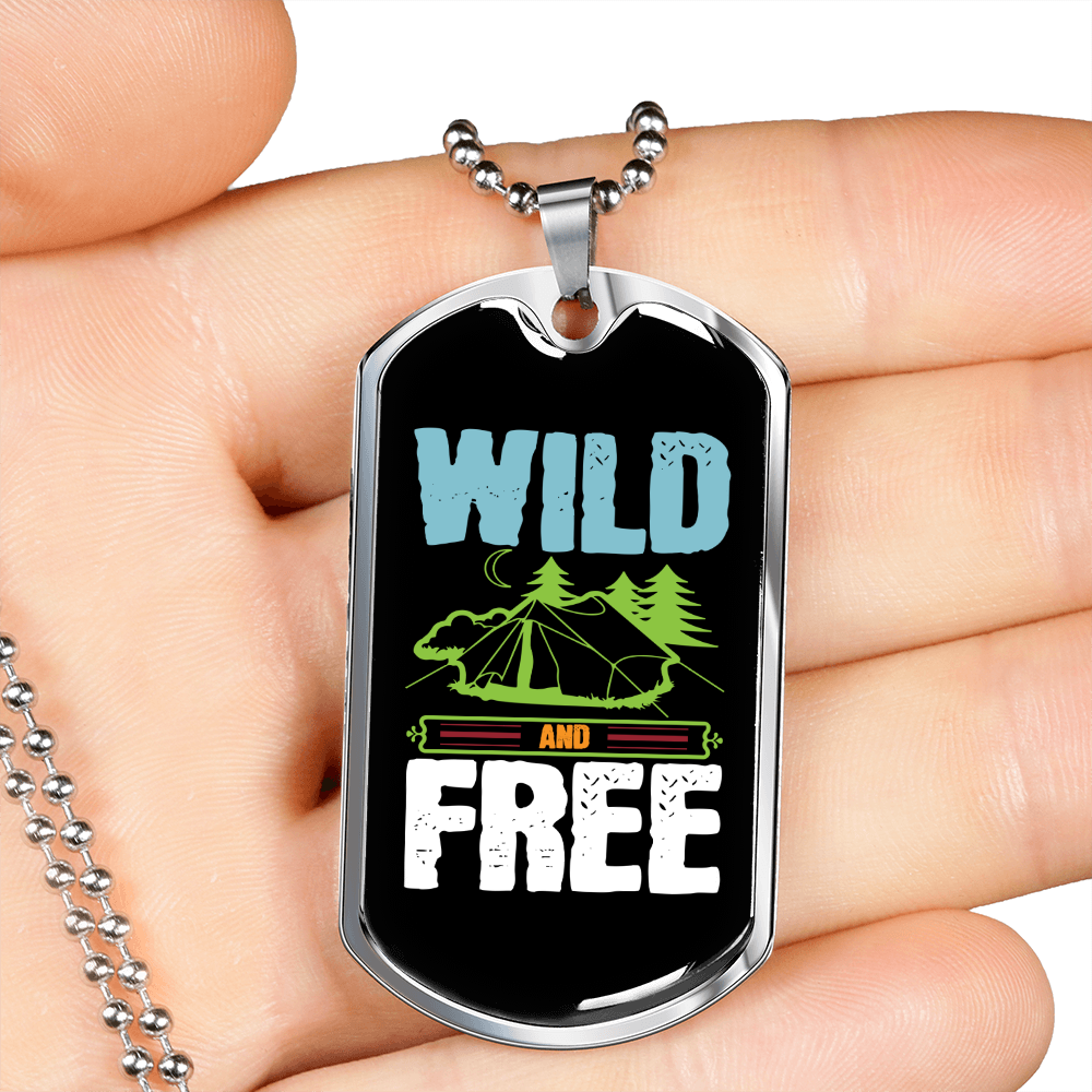 Camper Necklace Wild and Free Green Tent Necklace Stainless Steel or 18k Gold Dog Tag 24" Chain-Express Your Love Gifts