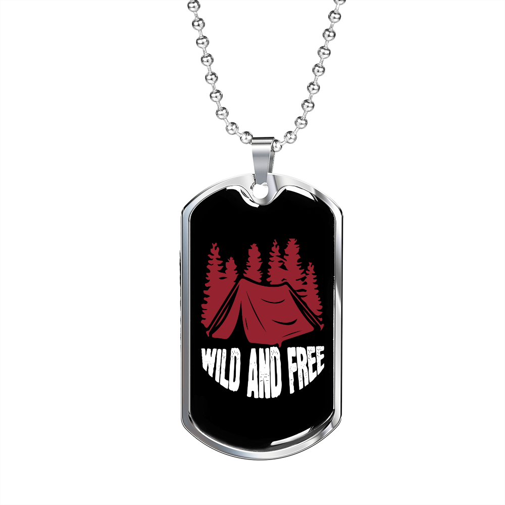 Camper Necklace Wild and Free Red Tent Necklace Stainless Steel or 18k Gold Dog Tag 24" Chain-Express Your Love Gifts
