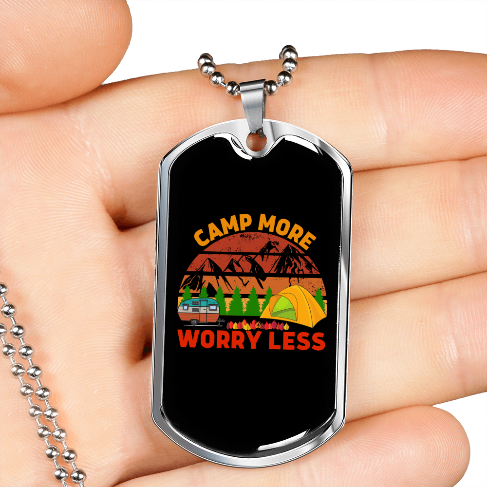 Camper Necklace Worry Less Camp More Necklace Stainless Steel or 18k Gold Dog Tag 24" Chain-Express Your Love Gifts