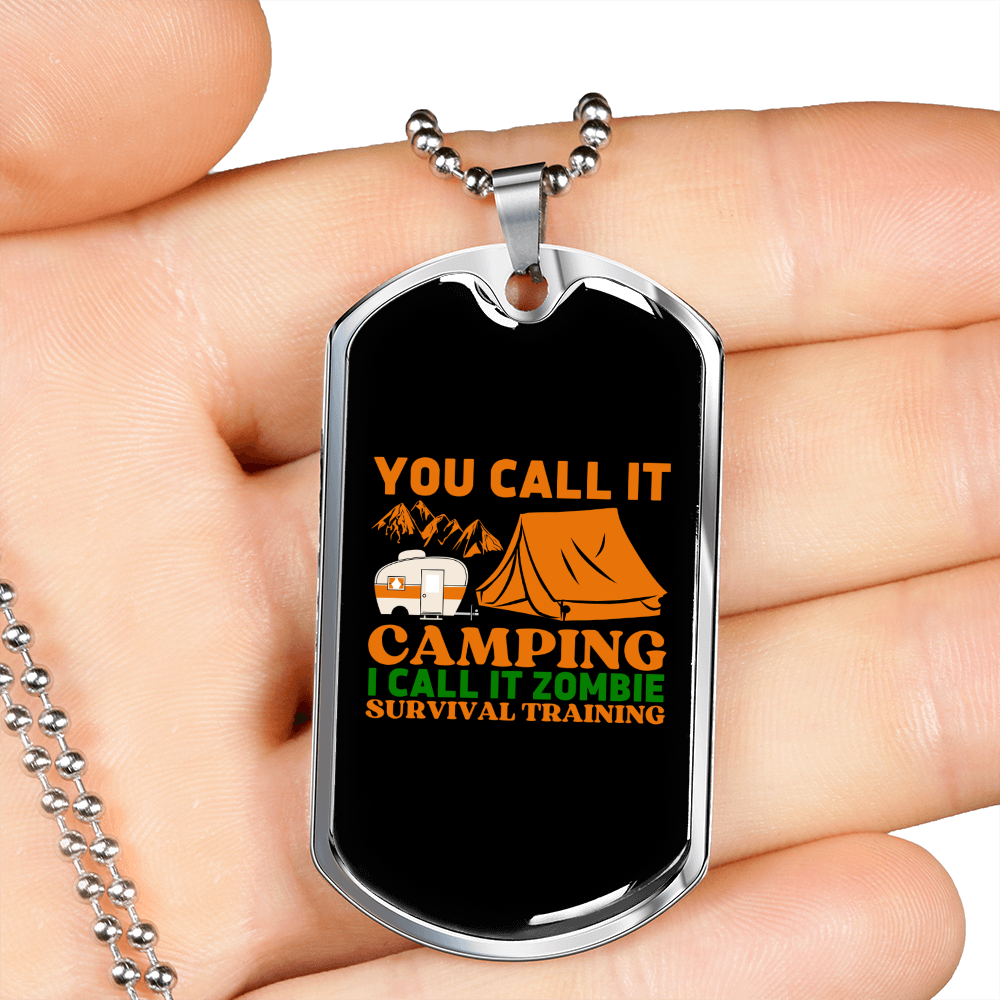 Camper Necklace Zombie Survival Training Necklace Stainless Steel or 18k Gold Dog Tag 24" Chain-Express Your Love Gifts