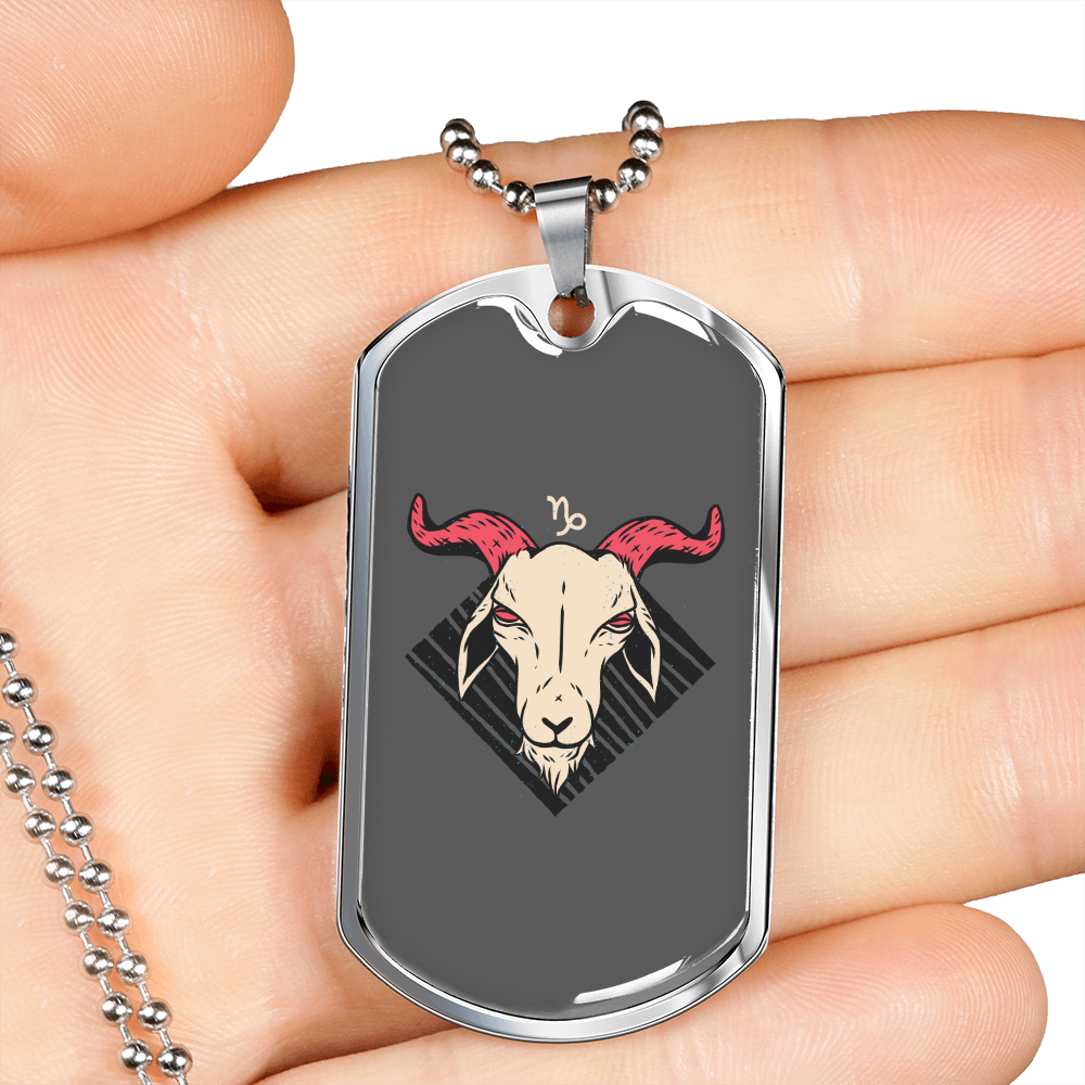 Capricorn Sea Goat Head Zodiac Necklace Stainless Steel or 18k Gold Dog Tag 24" Chain-Express Your Love Gifts