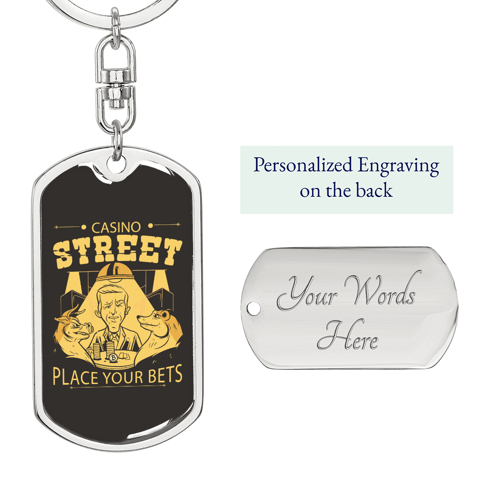 Casino Street Gambler Keychain Stainless Steel or 18k Gold Dog Tag Keyring-Express Your Love Gifts