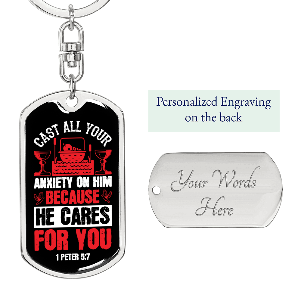 Cast All Anxiety 1 Peter 5:7 Keychain Stainless Steel or 18k Gold Dog Tag Keyring-Express Your Love Gifts
