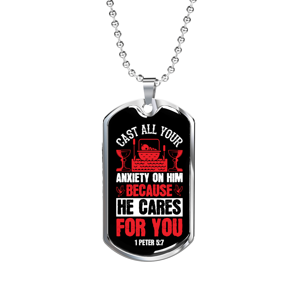 Cast All Anxiety 1 Peter 5:7 Necklace Stainless Steel or 18k Gold Dog Tag 24" Chain-Express Your Love Gifts