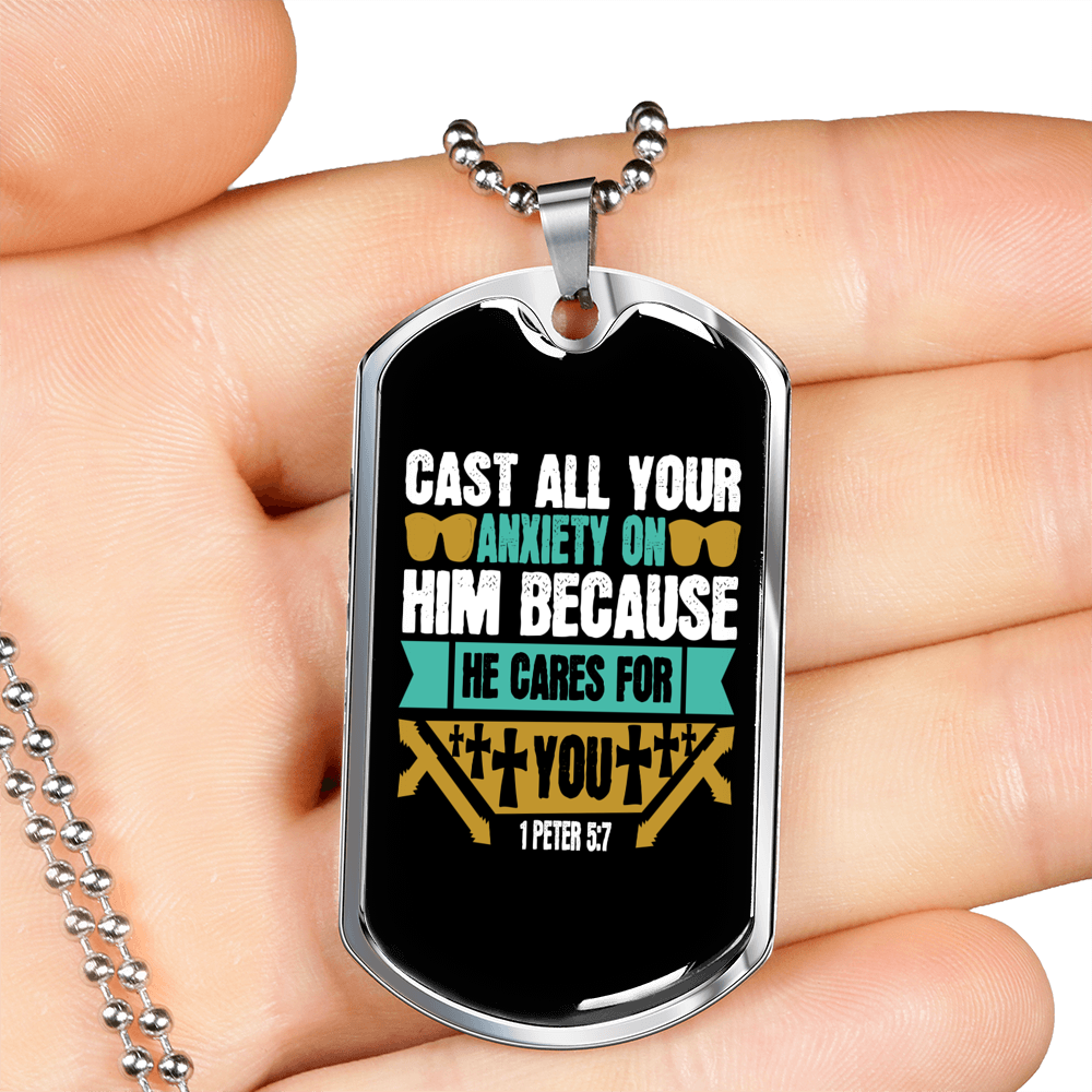 Cast Your Anxiety 1 Peter 5:7 Necklace Stainless Steel or 18k Gold Dog Tag 24" Chain-Express Your Love Gifts