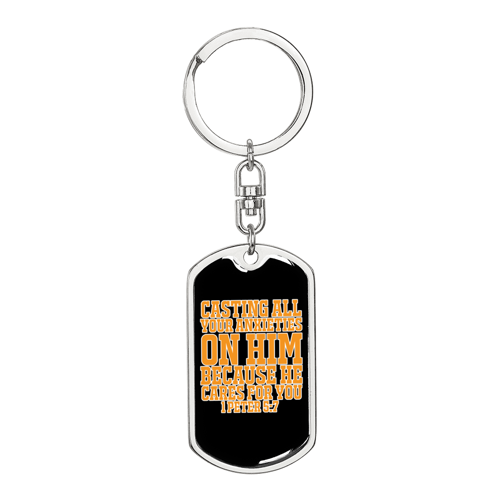 Casting Anxieties 1 Peter 5:7 Keychain Stainless Steel or 18k Gold Dog Tag Keyring-Express Your Love Gifts