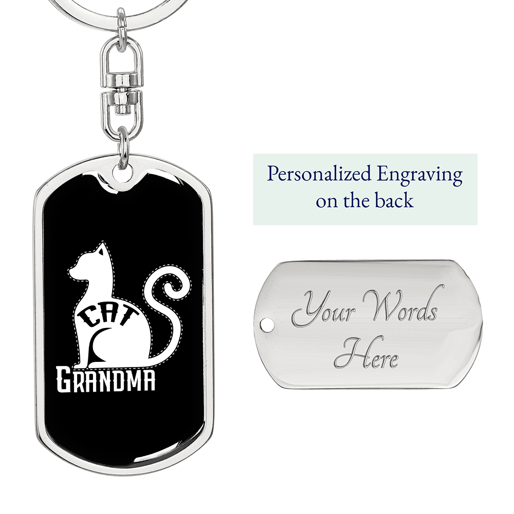 Cat Grandma Mom Keychain Stainless Steel or 18k Gold Dog Tag Keyring-Express Your Love Gifts