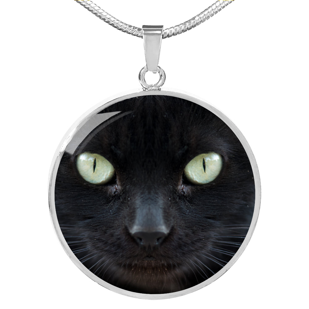 Cat Lover Necklace Black Cat Eyes Circle Pendant Stainless Steel or 18k Gold 18-22"-Express Your Love Gifts