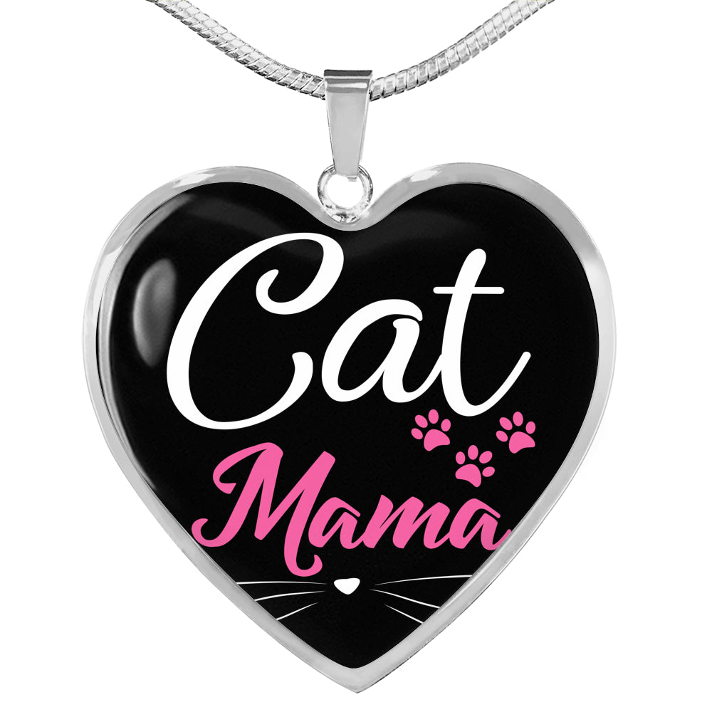 Cat Lover Necklace Cat Mama Heart Pendant Stainless Steel or 18k Gold 18-22"-Express Your Love Gifts