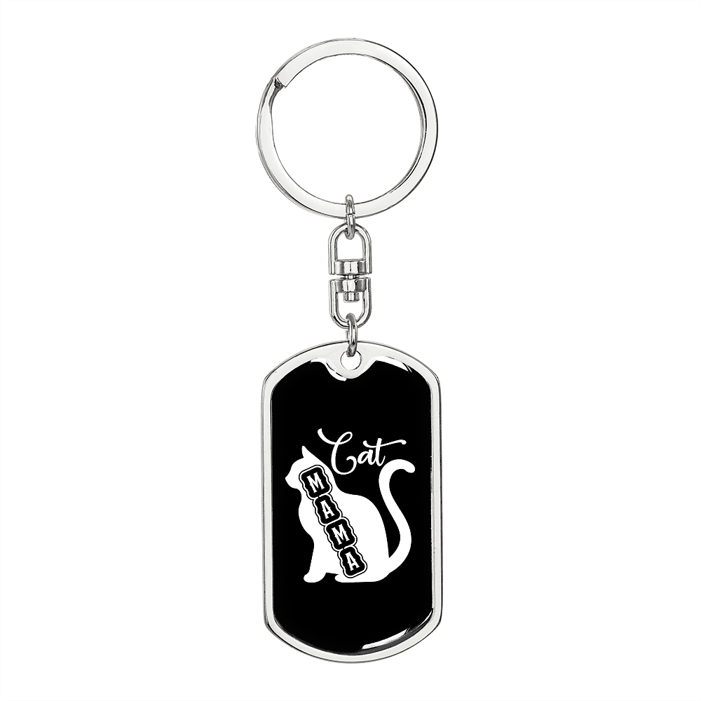 Cat Mama Mom Keychain Stainless Steel or 18k Gold Dog Tag Keyring-Express Your Love Gifts