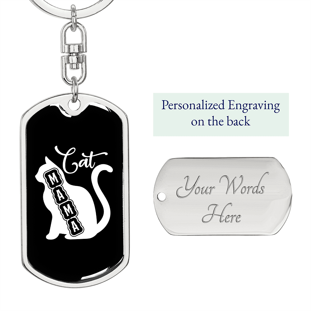 Cat Mama Mom Keychain Stainless Steel or 18k Gold Dog Tag Keyring-Express Your Love Gifts