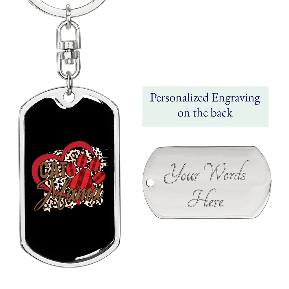 Cat Mom Heart Paw Keychain Stainless Steel or 18k Gold Dog Tag Keyring-Express Your Love Gifts