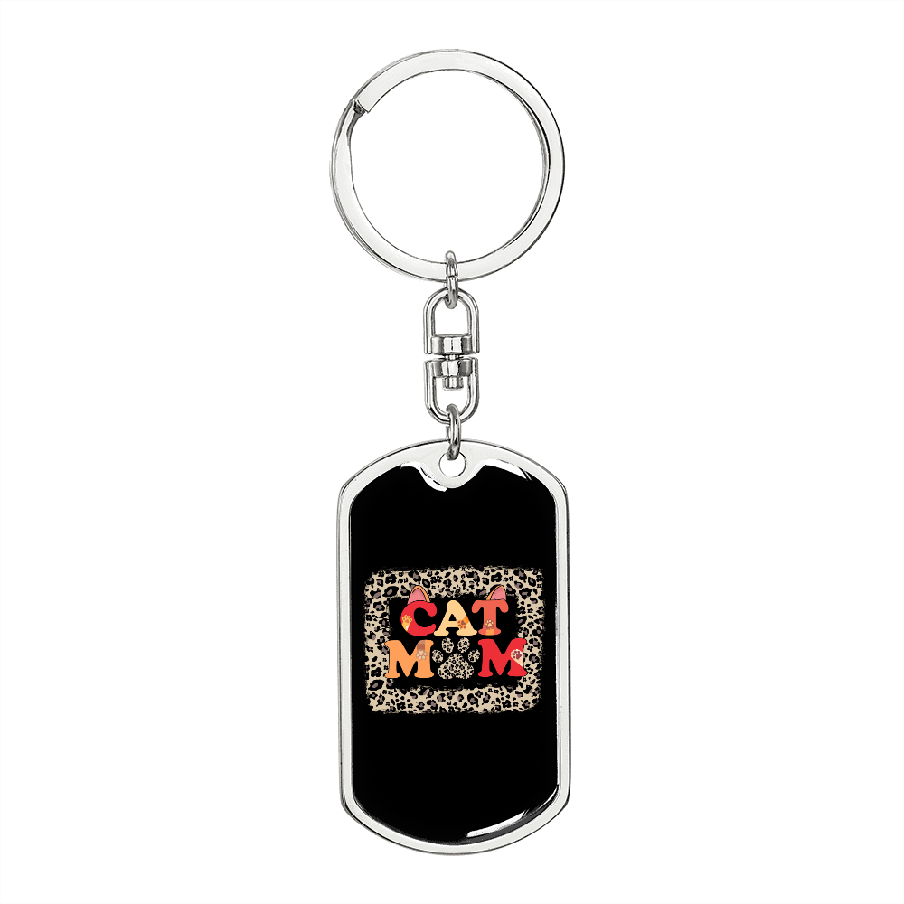 Cat Mom Paw Designs Keychain Stainless Steel or 18k Gold Dog Tag Keyring-Express Your Love Gifts