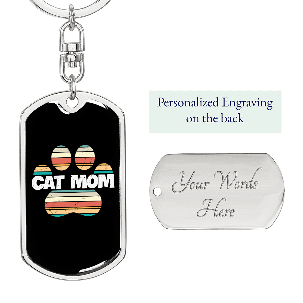 Cat Mom Paw Keychain Stainless Steel or 18k Gold Dog Tag Keyring-Express Your Love Gifts
