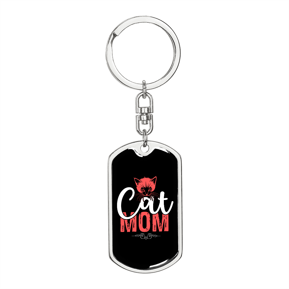 Cat Mom Red White Keychain Stainless Steel or 18k Gold Dog Tag Keyring-Express Your Love Gifts