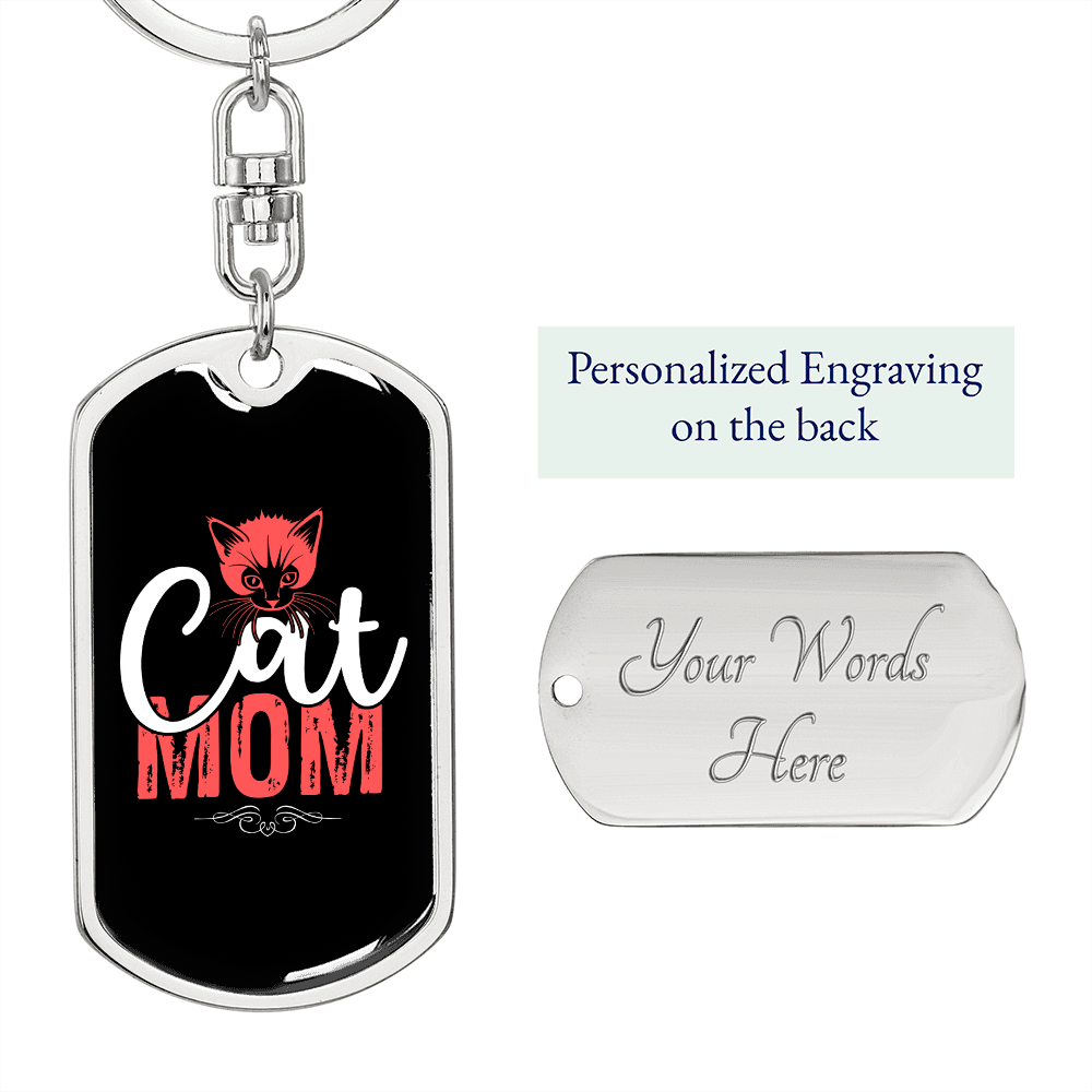 Cat Mom Red White Keychain Stainless Steel or 18k Gold Dog Tag Keyring-Express Your Love Gifts