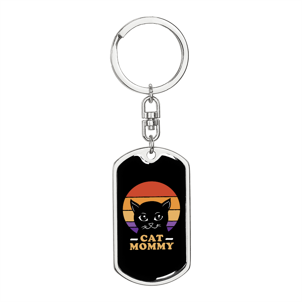 Cat Mommy Keychain Stainless Steel or 18k Gold Dog Tag Keyring-Express Your Love Gifts