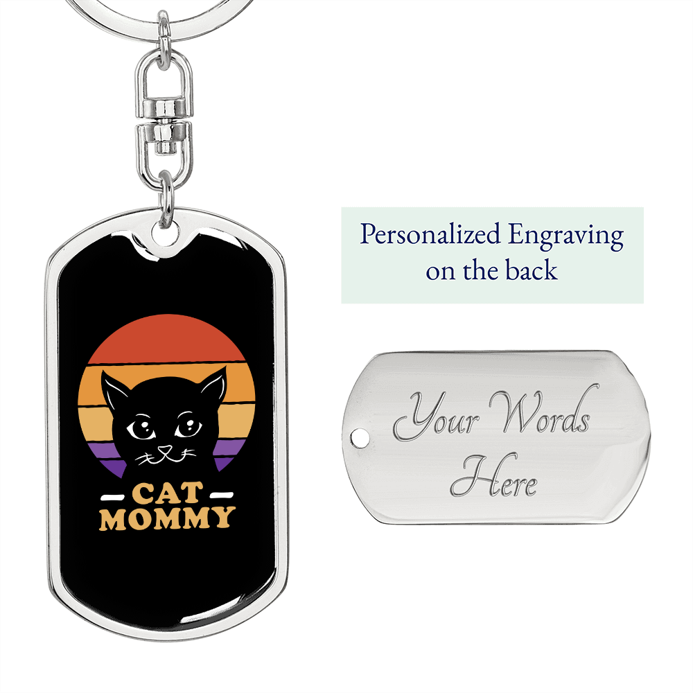 Cat Mommy Keychain Stainless Steel or 18k Gold Dog Tag Keyring-Express Your Love Gifts