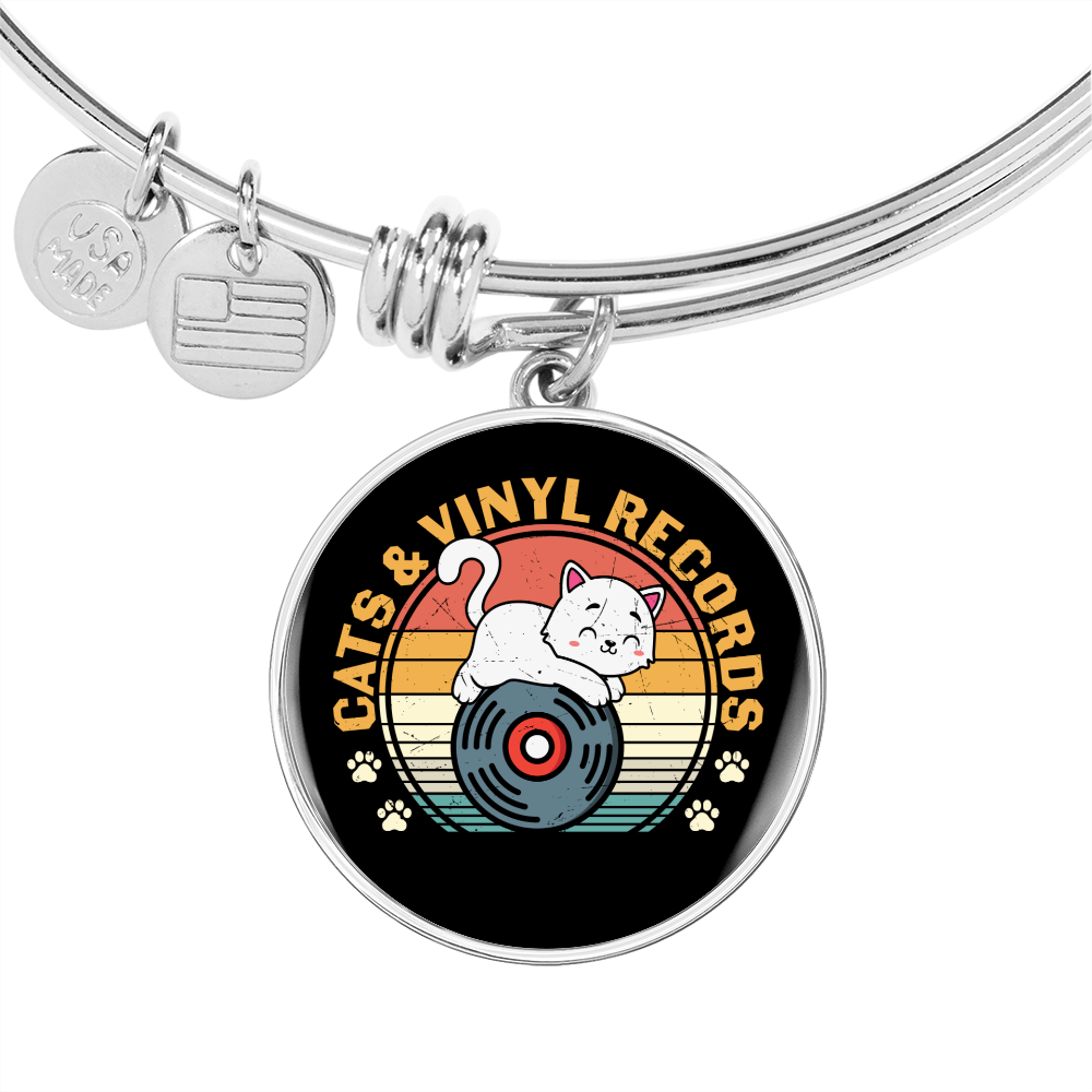 Cats And Vinyl Bracelet Stainless Steel or 18k Gold Circle Bangle-Express Your Love Gifts
