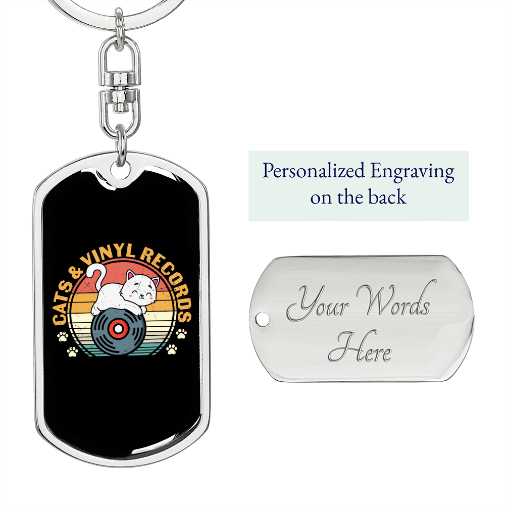 Cats and Vinyl Keychain Stainless Steel or 18k Gold Dog Tag Keyring-Express Your Love Gifts