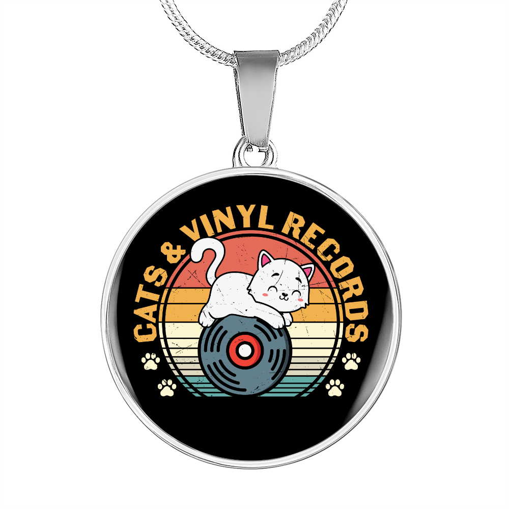 Cats And Vinyl Records Circle Necklace Stainless Steel or 18k Gold 18-22-Express Your Love Gifts