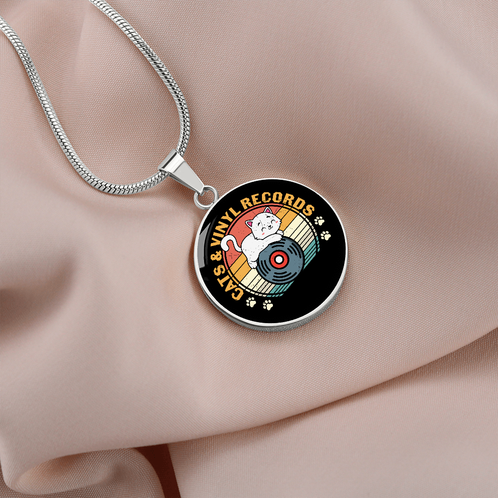 Cats And Vinyl Records Circle Necklace Stainless Steel or 18k Gold 18-22-Express Your Love Gifts