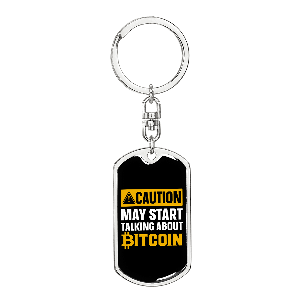 Caution Bitcoin Crypto Keychain Stainless Steel or 18k Gold Dog Tag Keyring-Express Your Love Gifts